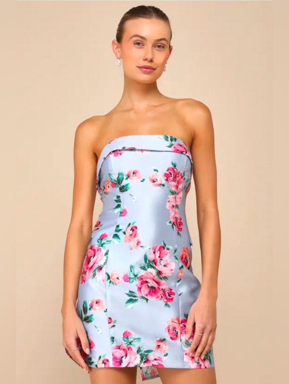 Luxe Wonder Light Blue Floral Taffeta Strapless Bow Mini Dress